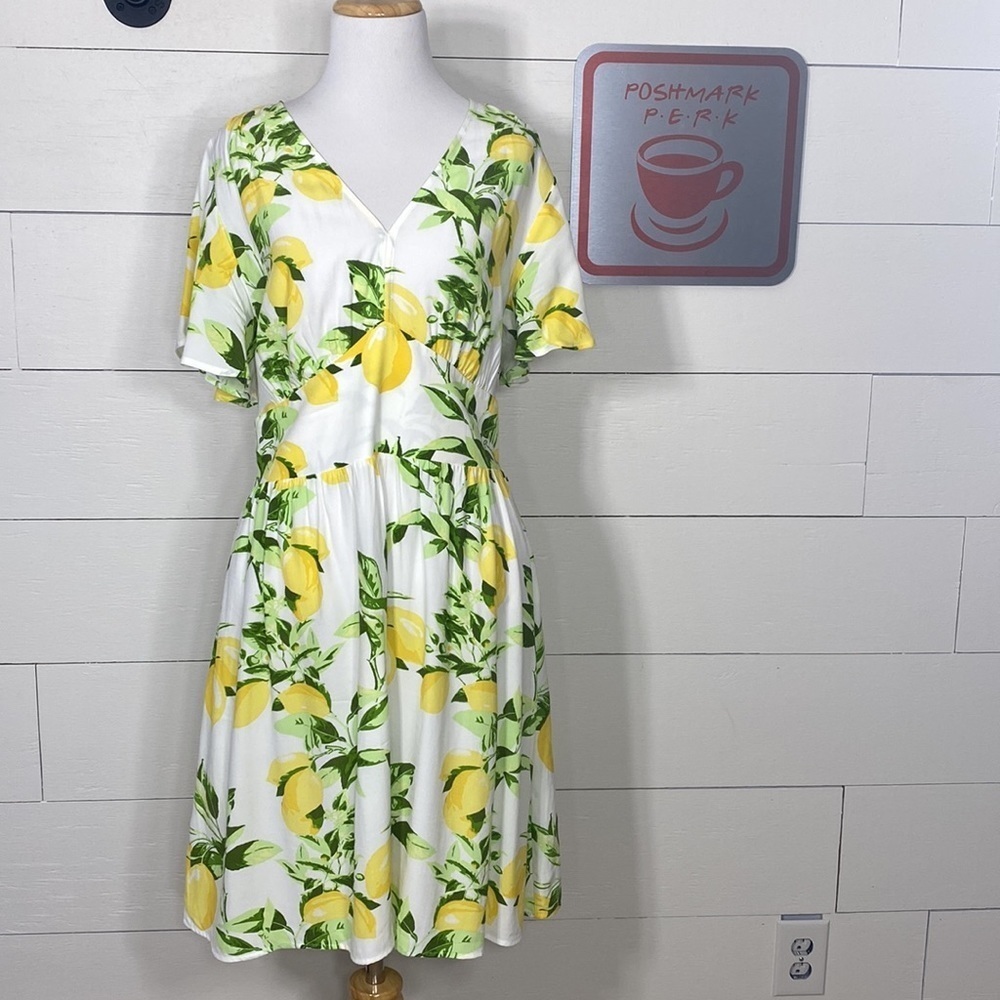 LOFT empire waist V neck lemon print summer dress